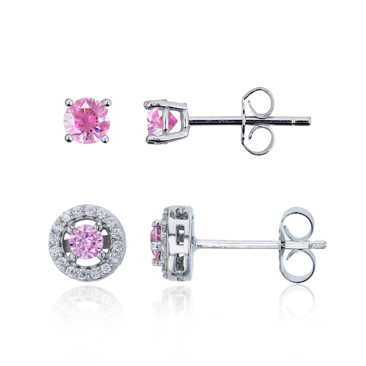 Sterling Silver Round 3mm Pink CZ Halo & 4.00mm AAA Pink Round Solitaire Stud Earring Set