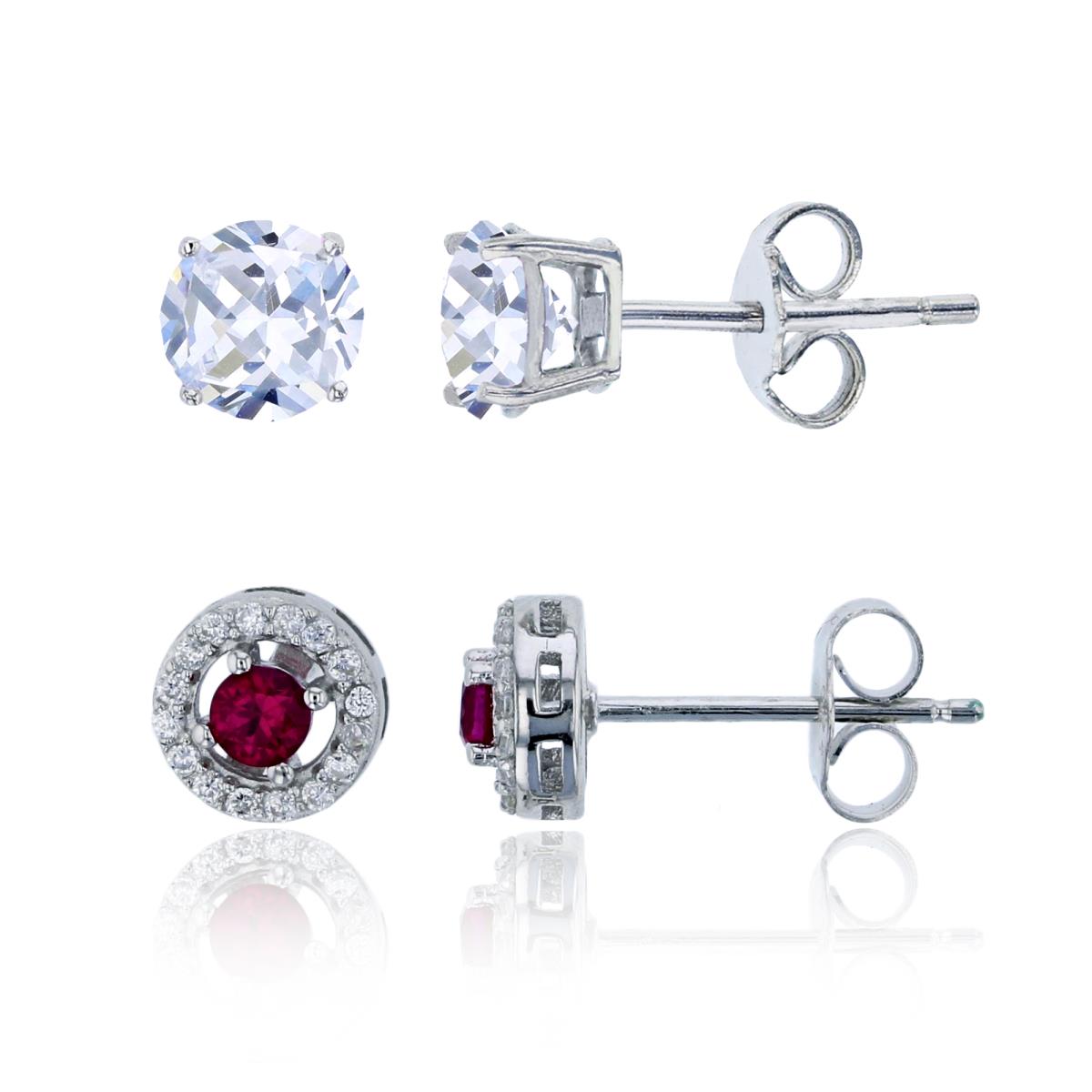 Sterling Silver Round 3mm Ruby CZ Halo & 4.00mm AAA Round Solitaire Stud Earring Set