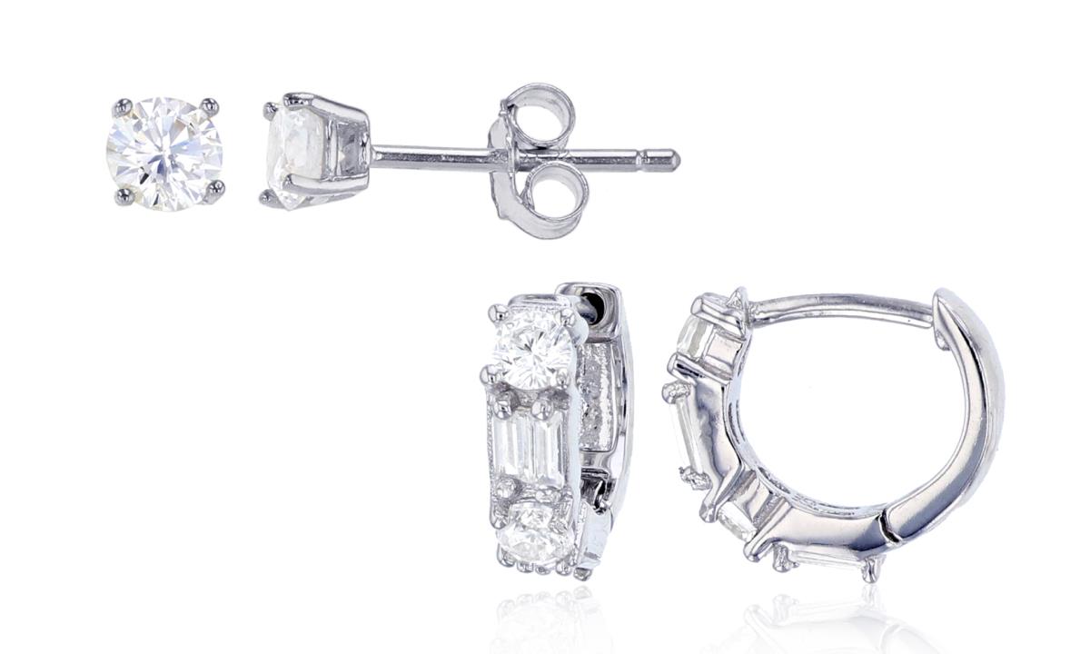 Sterling Silver Rhodium Round/Baguette Cut Huggie & 4.00mm Round Solitaire Stud Earring Set