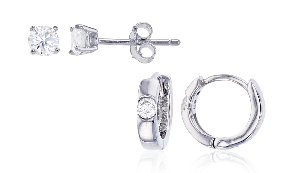 Sterling Silver Rhodium Classic Huggie with 3mm Rd CZ & 4mm Round Solitaire Stud Earring Set