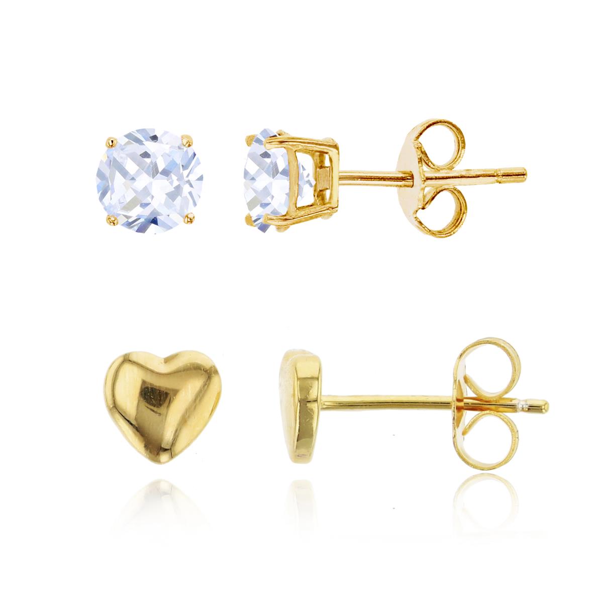Sterling Silver Yellow High Polish Heart & 4.00mm AAA Round Solitaire Stud Earring Set