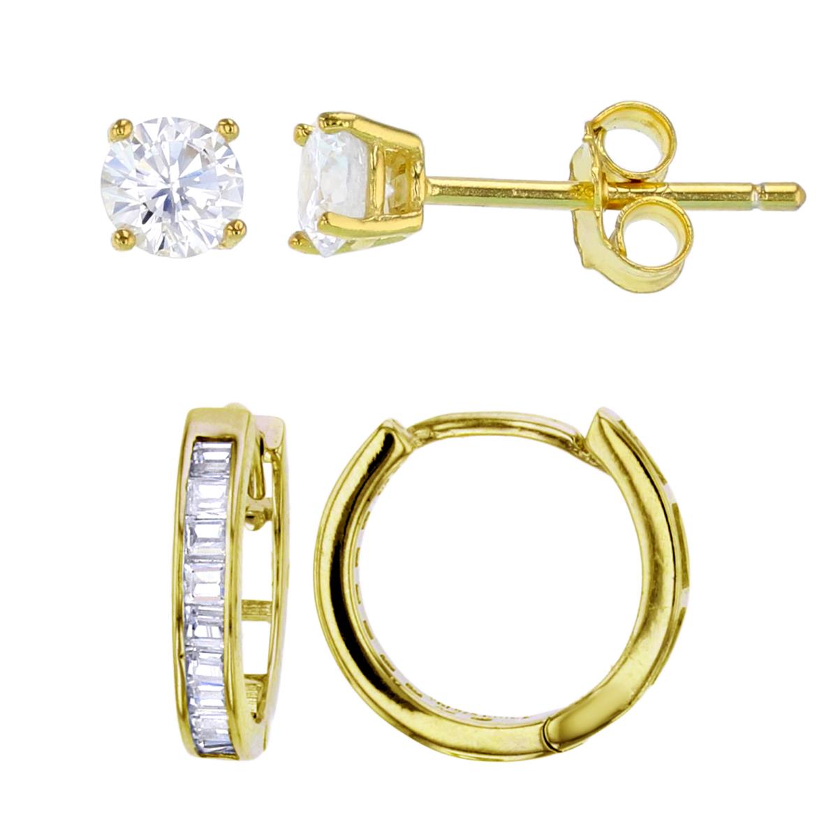 Sterling Silver Yellow Channel Set Bagguete Huggie & 3mm Round Solitaire Stud Earring Set