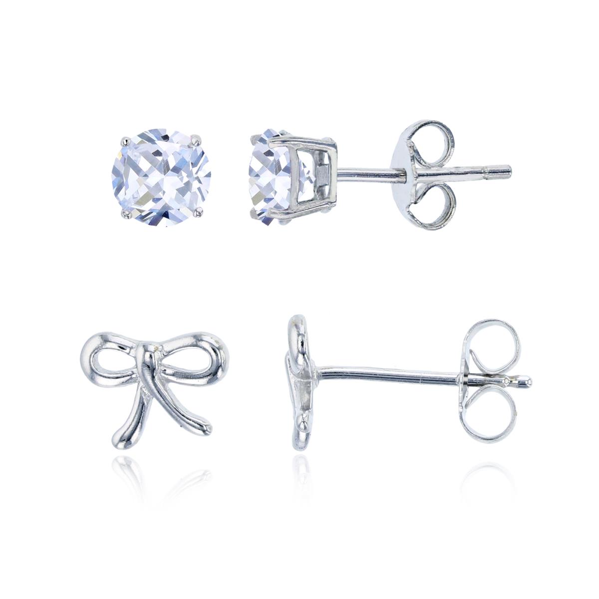 Sterling Silver Ribbon & 4.00mm AAA Round Solitaire Stud Earring Set