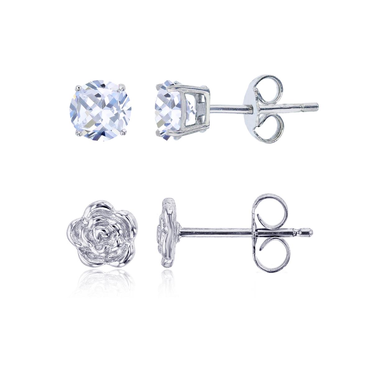 Sterling Silver Flower & 4.00mm AAA Round Solitaire Stud Earring Set