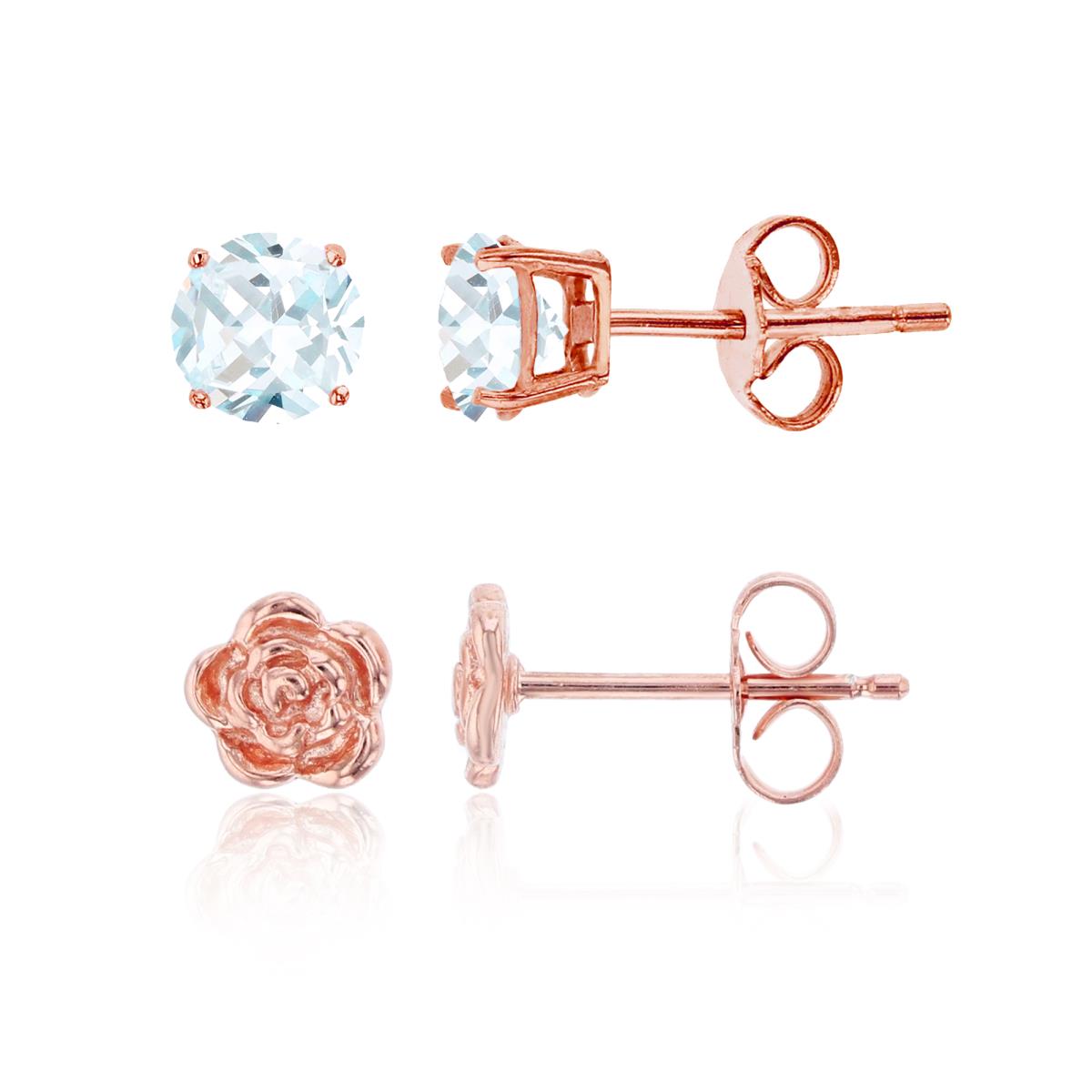 Sterling Silver Rose Flower & 4.00mm AAA Round Solitaire Stud Earring Set