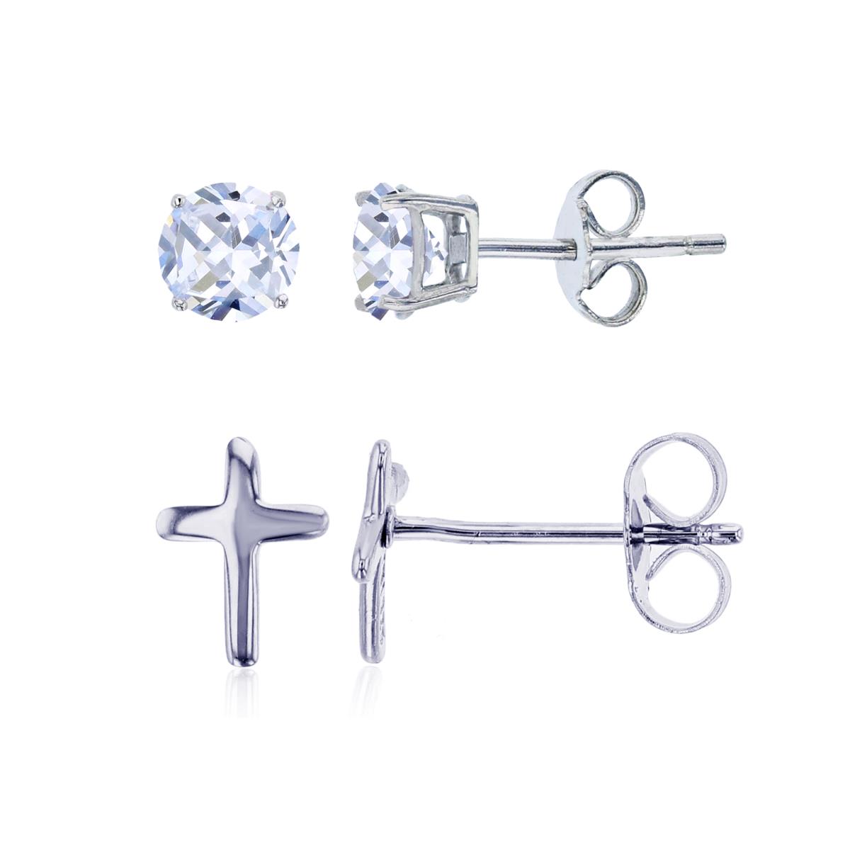 Sterling Silver Rhodium Cross & 4.00mm AAA Round Solitaire Stud Earring Set