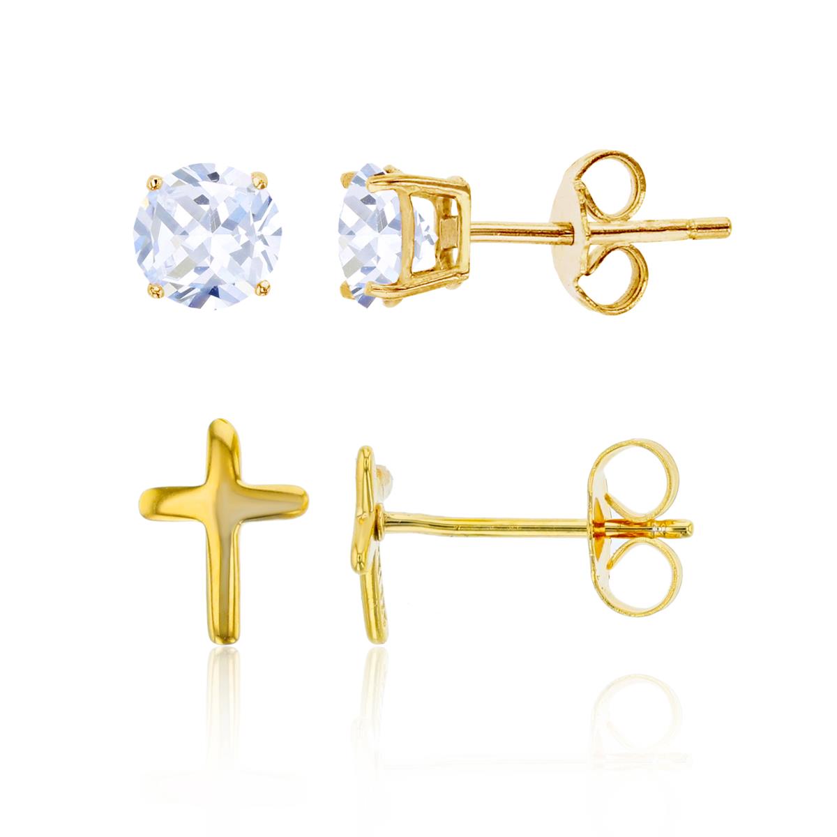 Sterling Silver Yellow Cross & 4.00mm AAA Round Solitaire Stud Earring Set