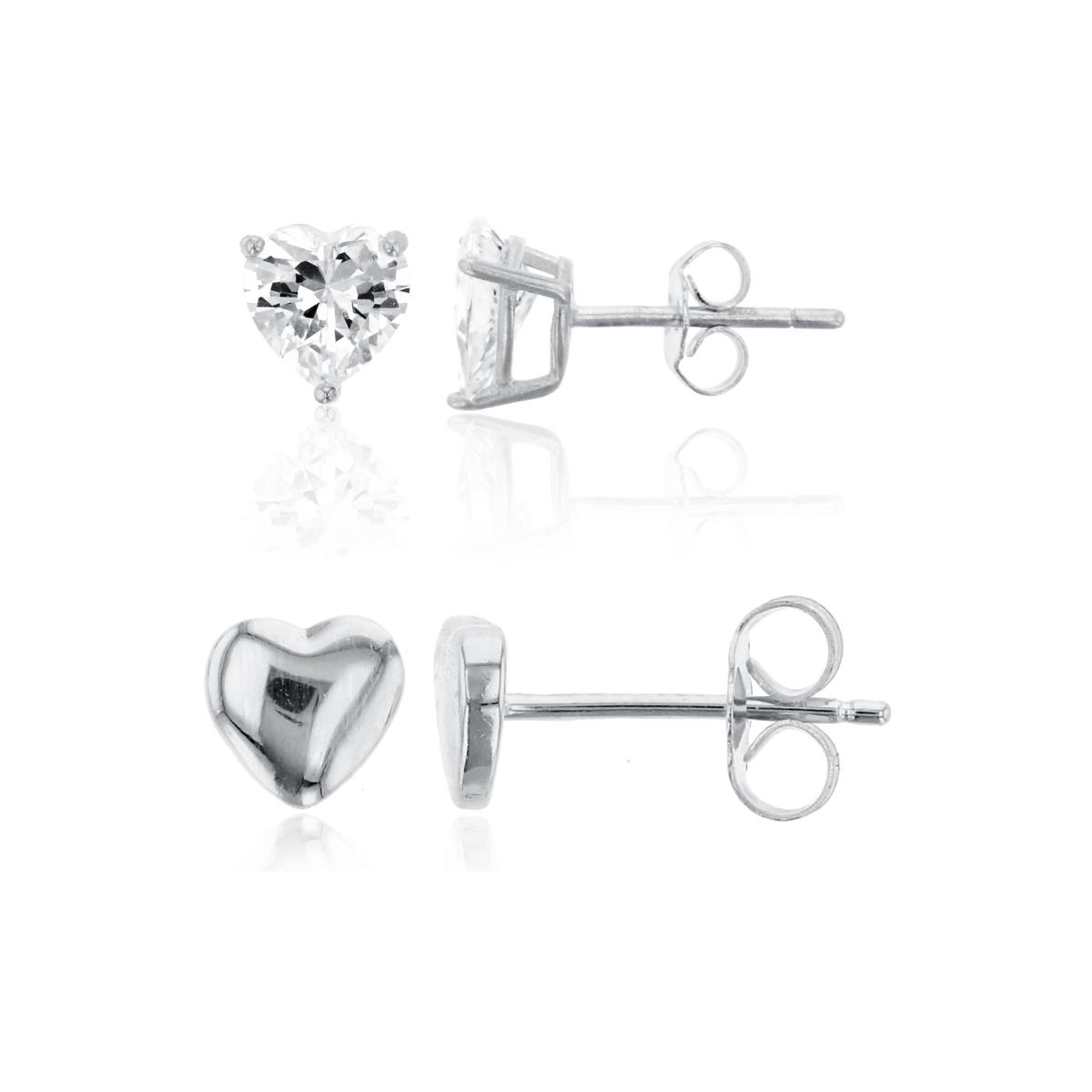 Sterling Silver High Polish Heart & 5x5mm AAA Heart Solitaire Stud Set