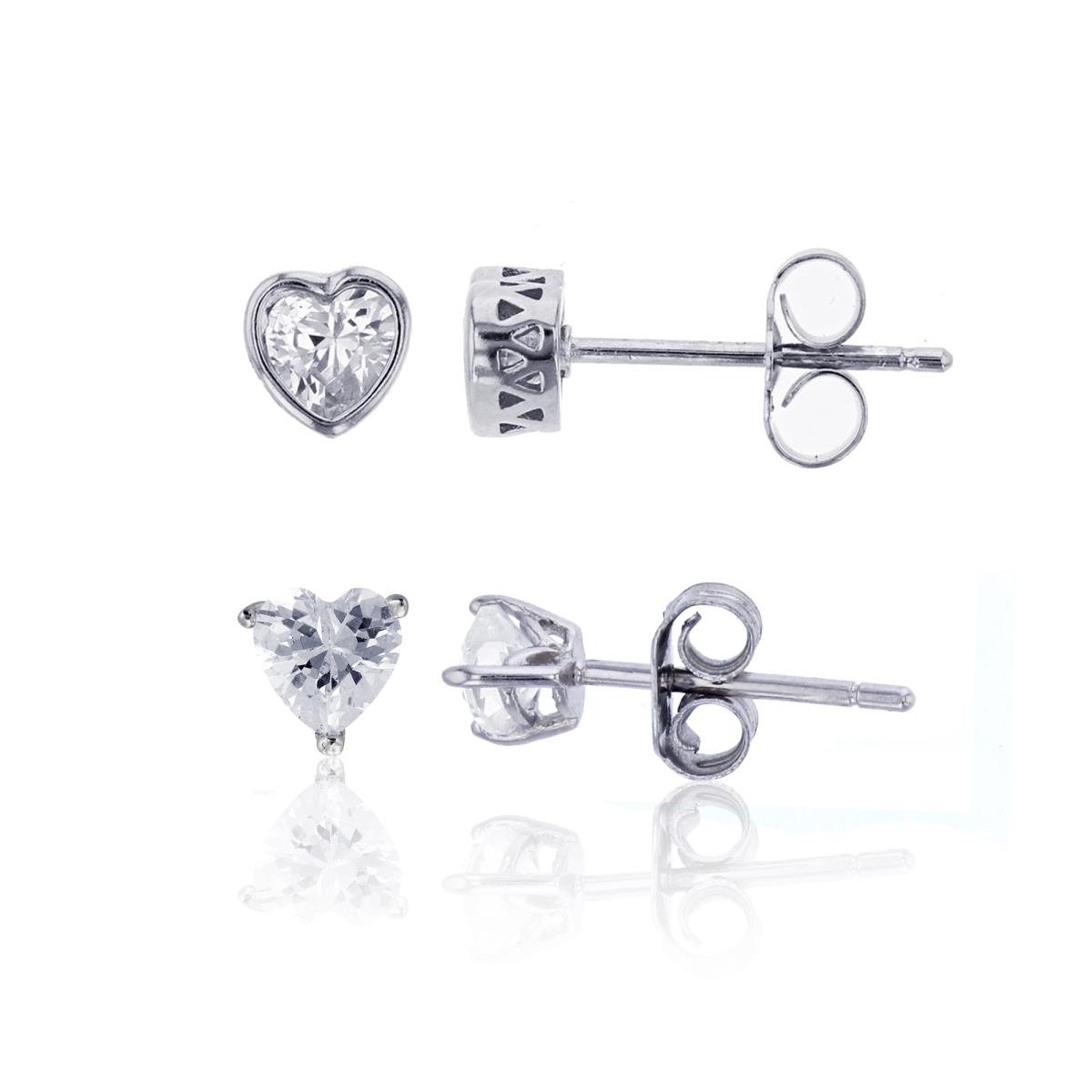 Sterling Silver Rhodium 4mm Heart Cut Bezel & 4x4mm Heart Solitaire Stud Earring Set