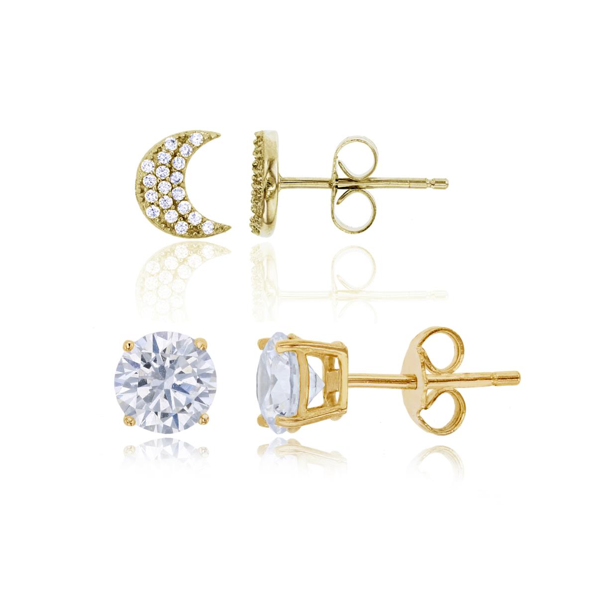 Sterling Silver Yellow 6mm Solitaire & Crescent Moon Studs Set