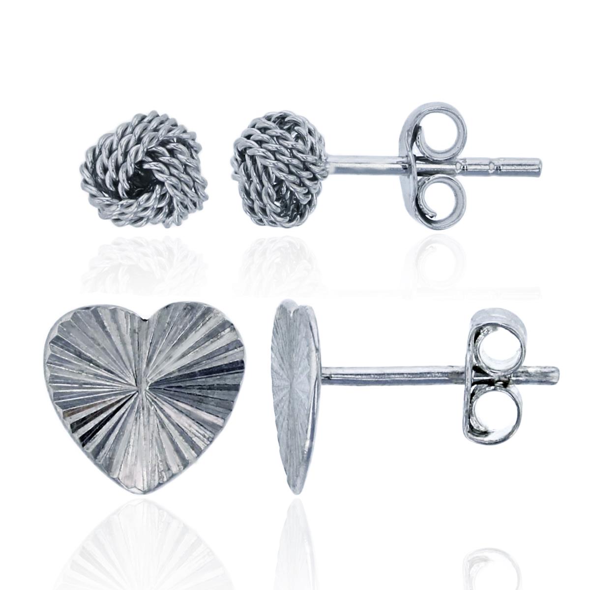 Sterling Silver Rhodium 8mm DC Heart & 5mm Rope Knot Studs Set