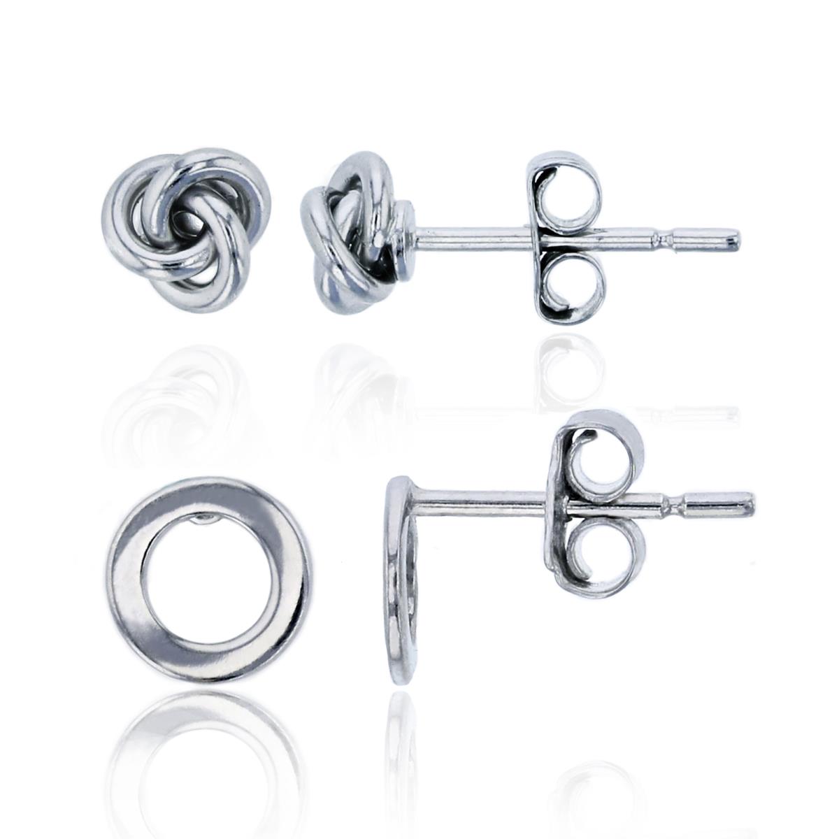 Sterling Silver Rhodium 5mm Knot & 6mm Open Circle Studs Set