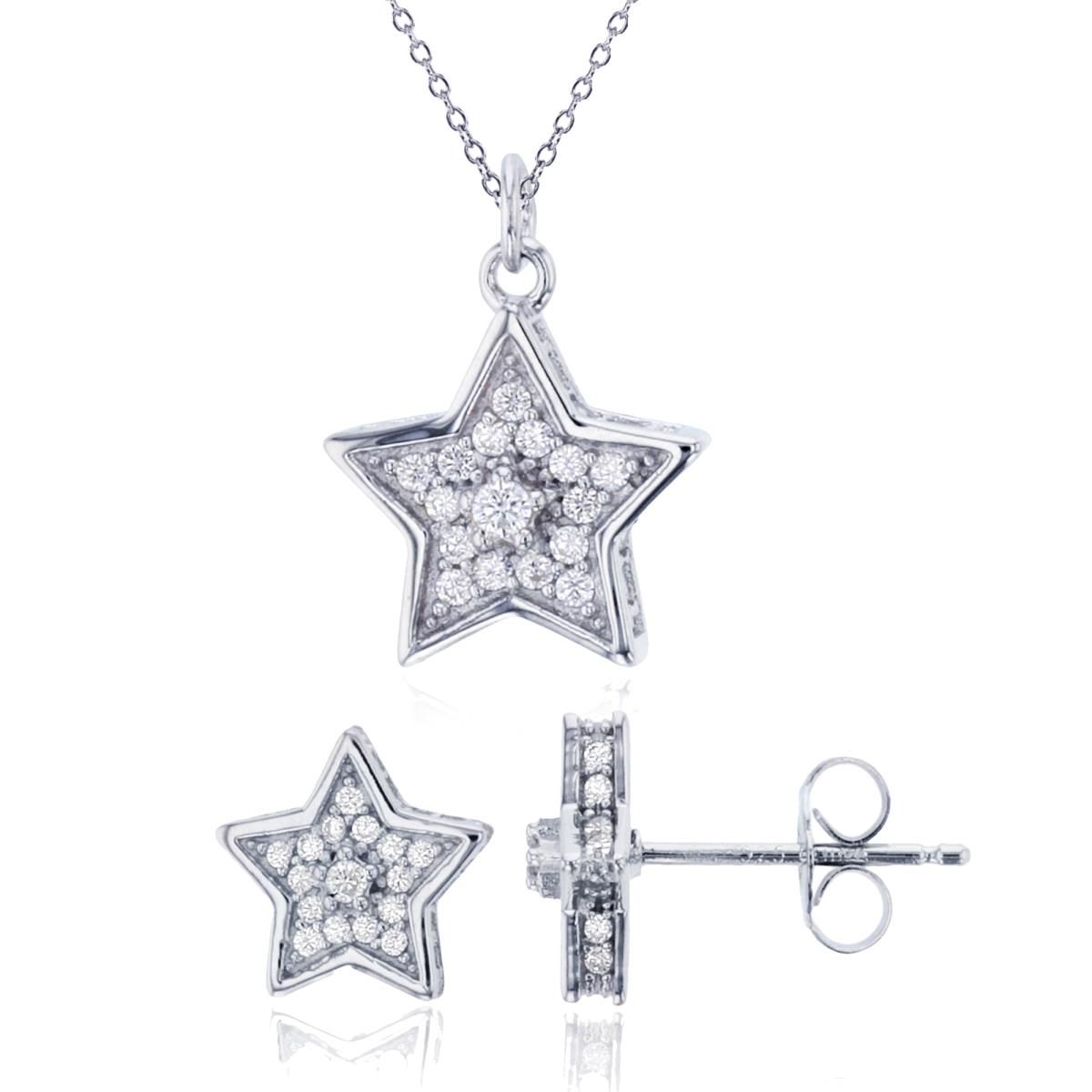 Sterling Silver Rhodium Rd White CZ Micropave Star 18" Necklace & Star Stud Earring Set