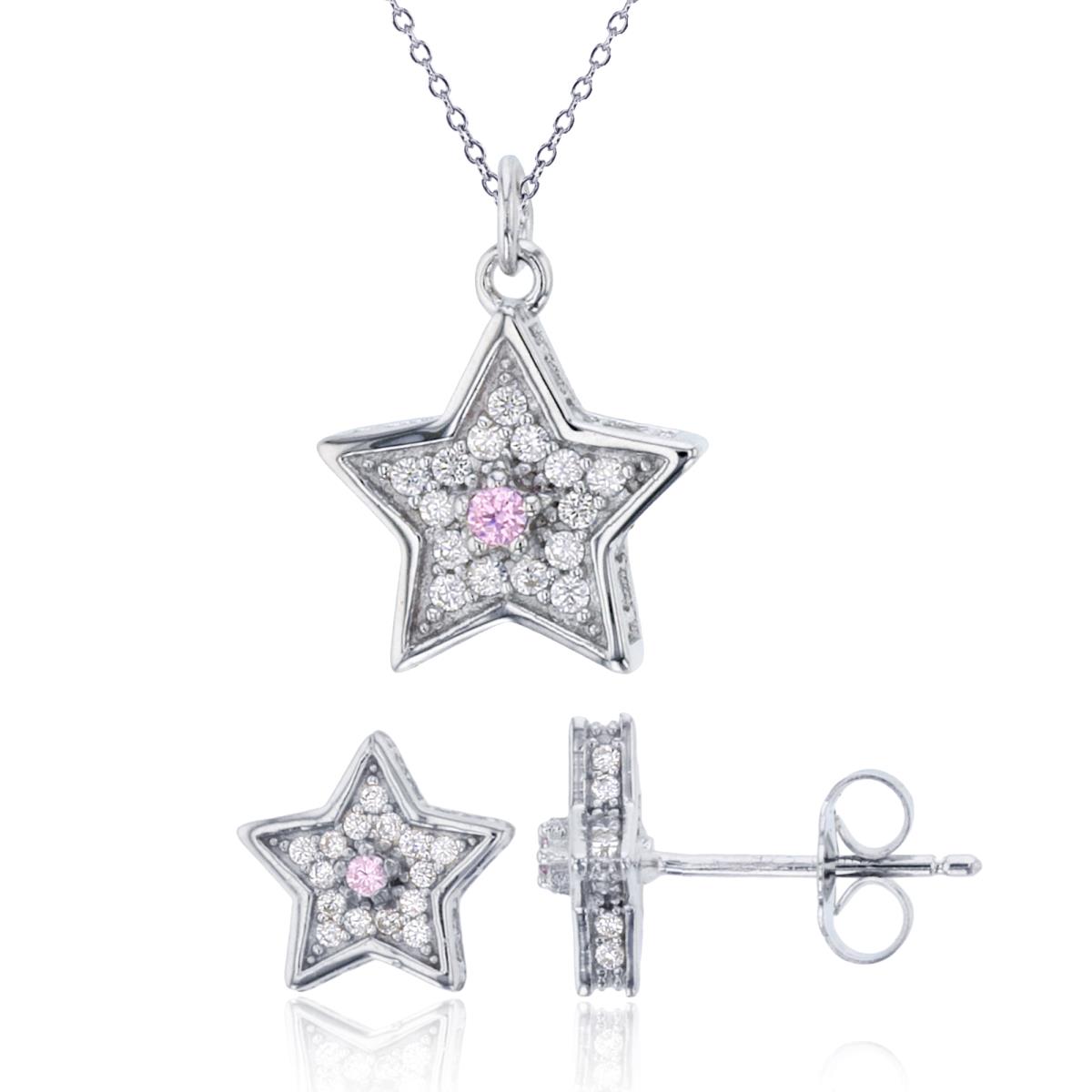 Sterling Silver Rhodium Rd Pink/White CZ Micropave Star 18" Necklace & Star Stud Earring Set