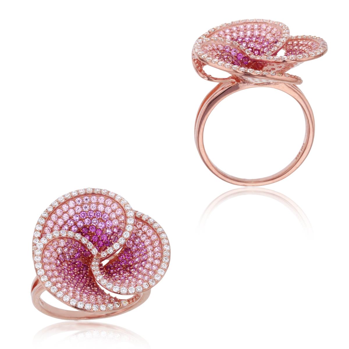 Sterling Silver & 1Micron Rose Gold Rnd White /Pink /Ruby CZ Micropave Swirl Flower Ring