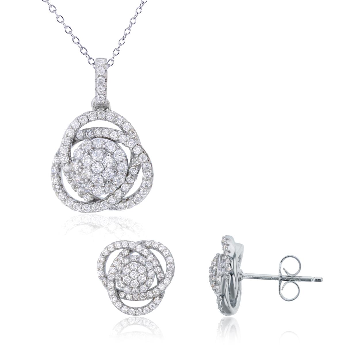 Sterling Silver Rhodium Rnd White CZ Knot 18" Necklace & Stud Earring Set