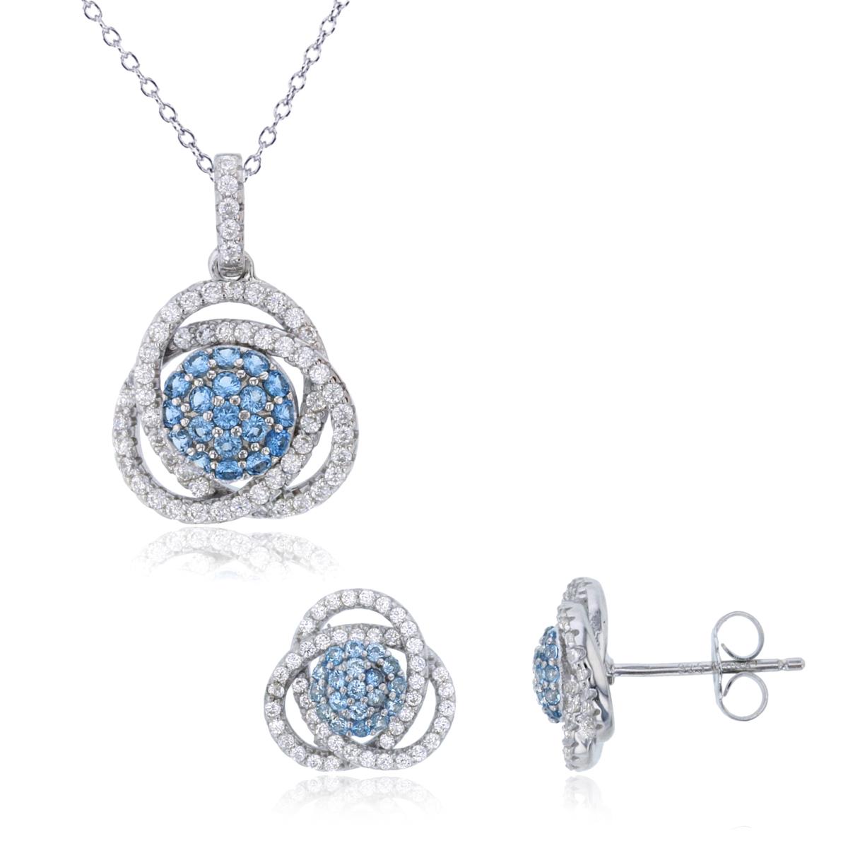Sterling Silver Rhodium Rnd #119 Blue & White CZ Knot 18" Necklace & Stud Earring Set