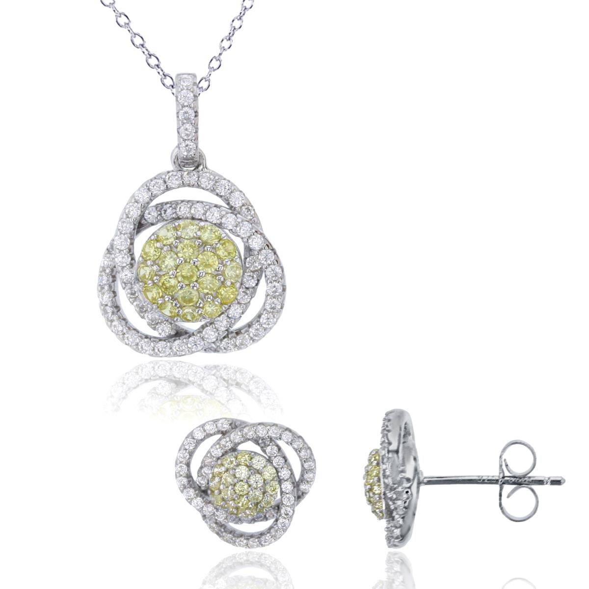 Sterling Silver Rhodium Rnd Yellow & White CZ Knot 18" Necklace & Stud Earring Set