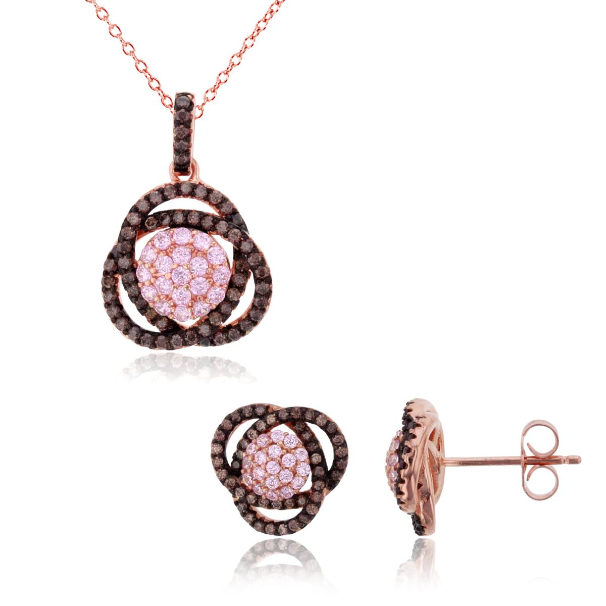 Sterling Silver Two-Tone Rnd Pink & Brown CZ Knot 18" Necklace & Stud Earring Set