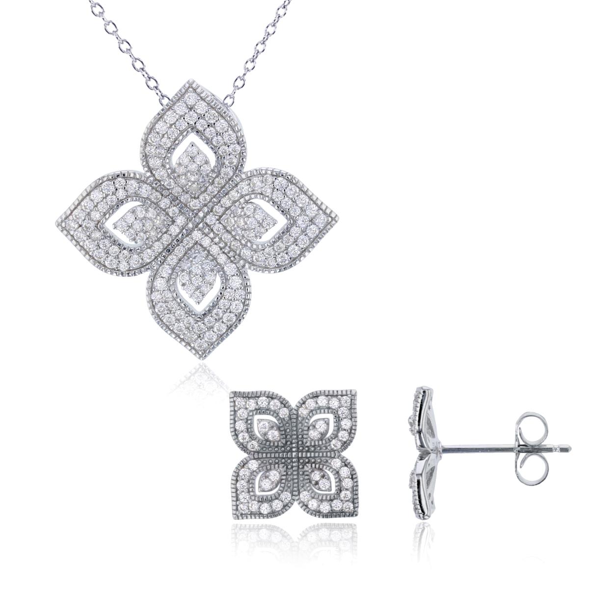Sterling Silver Rhodium Rnd White CZ Clover 18" Necklace & Earring Set