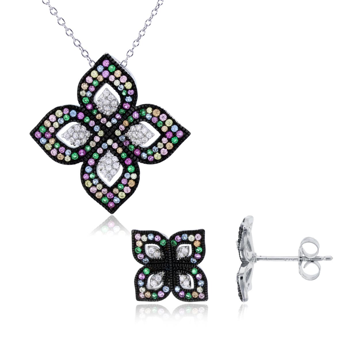 Sterling Silver Two-Tone Rnd Multi Color CZ Clover 18" Necklace & Earring Set
