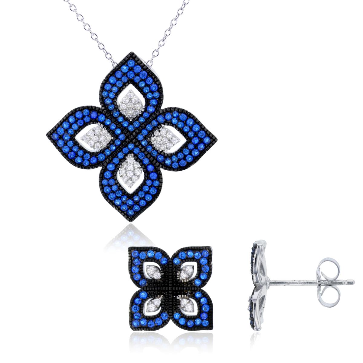 Sterling Silver Two-Tone Rnd #113 Blue/White CZ Clover 18" Necklace & Earring Set