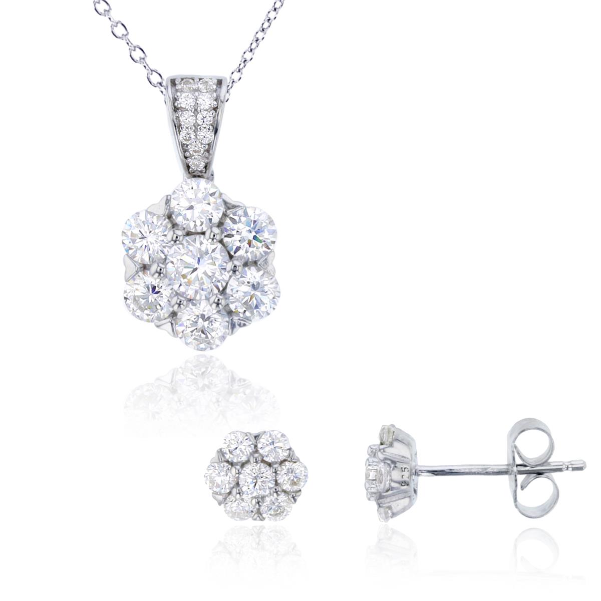 Sterling Silver Rhodium Rnd White CZ Flower 18" Necklace & Stud Earring Set