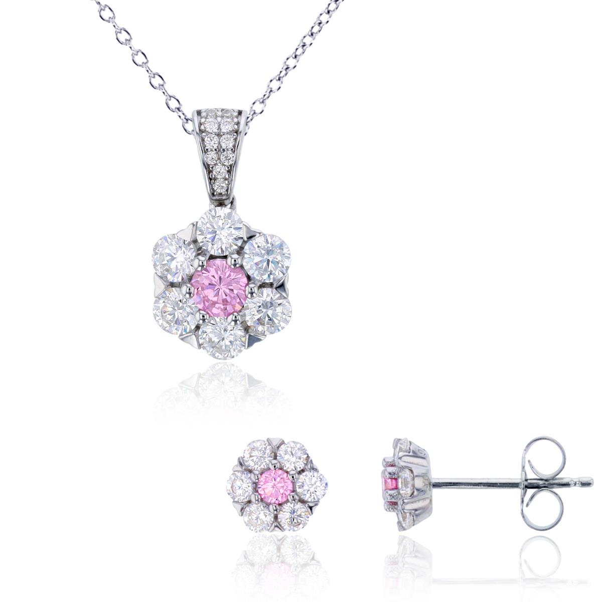 Sterling Silver Rhodium Rnd Pink/White CZ Flower 18" Necklace & Stud Earring Set