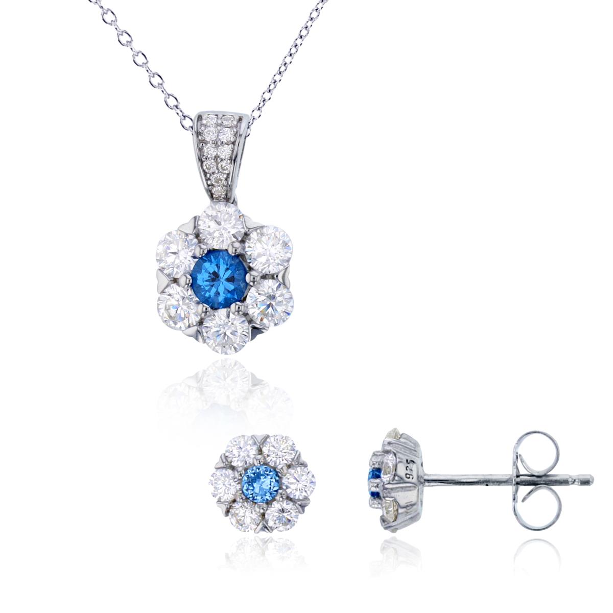 Sterling Silver Rhodium Rnd #119 Blue/White CZ Flower 18" Necklace & Stud Earring Set