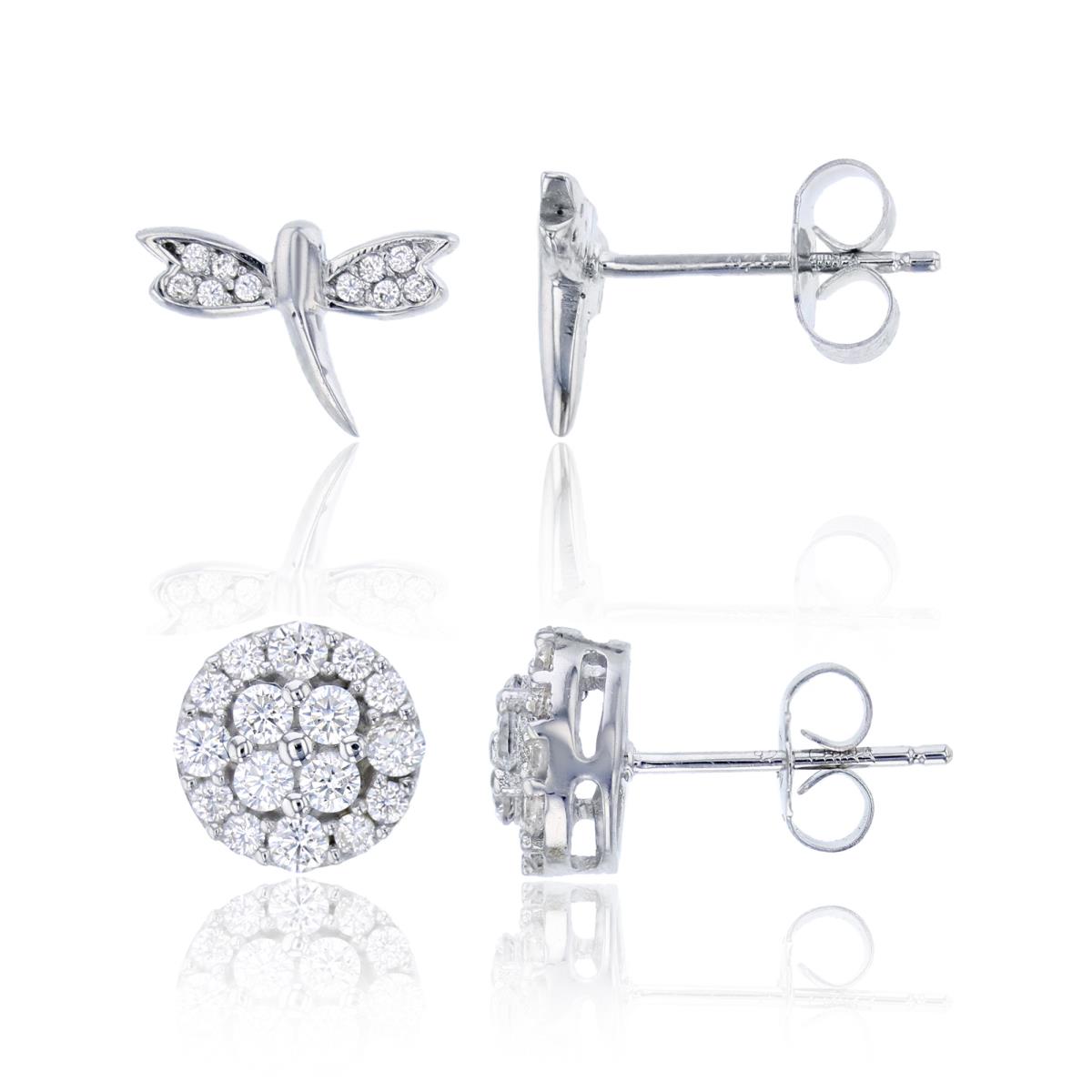 Sterling Silver Rhodium Rnd CZ Micropave Cluster & Dragonfly Studs Set