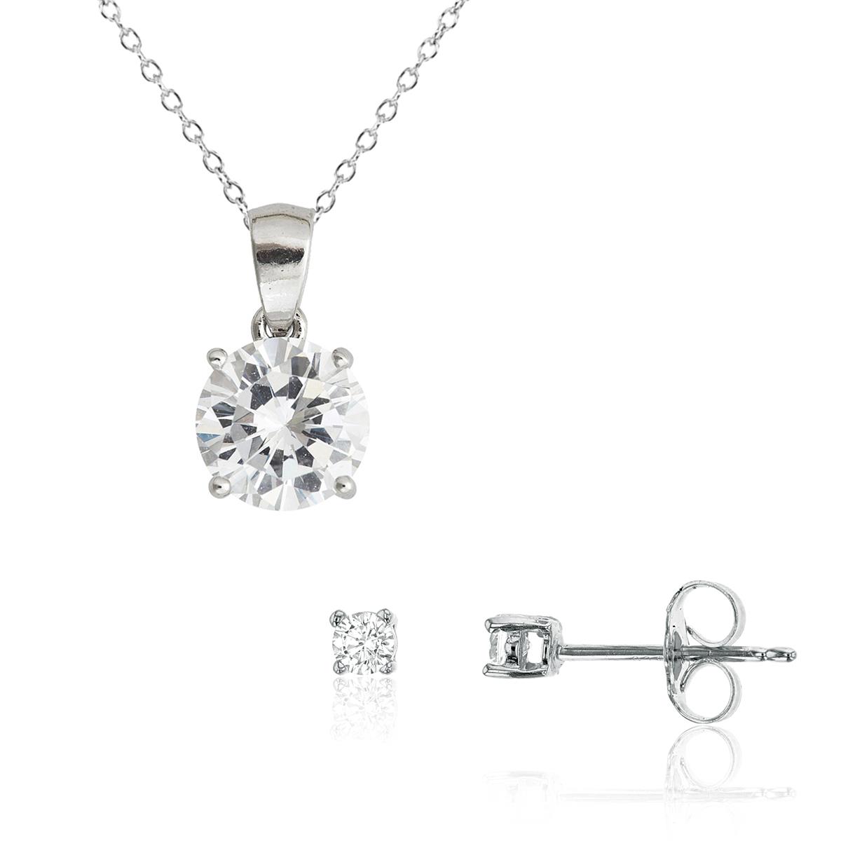Sterling Silver Rhodium 3.00mm AAA Round Solitaire 13"+2" Necklace & Stud Earring Set