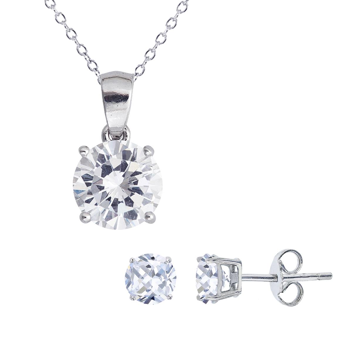 Sterling Silver Rhodium 4.00mm AAA Round Solitaire 13"+2" Necklace & Earring Set