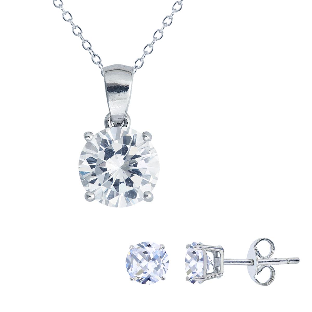 Sterling Silver Rhodium 5.00mm AAA Round Solitaire 18" Necklace & Earring Set