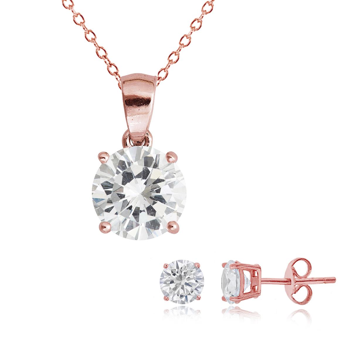 Sterling Silver Rose 6.00mm Round Cut Solitaire Necklace & Stud Earring Set
