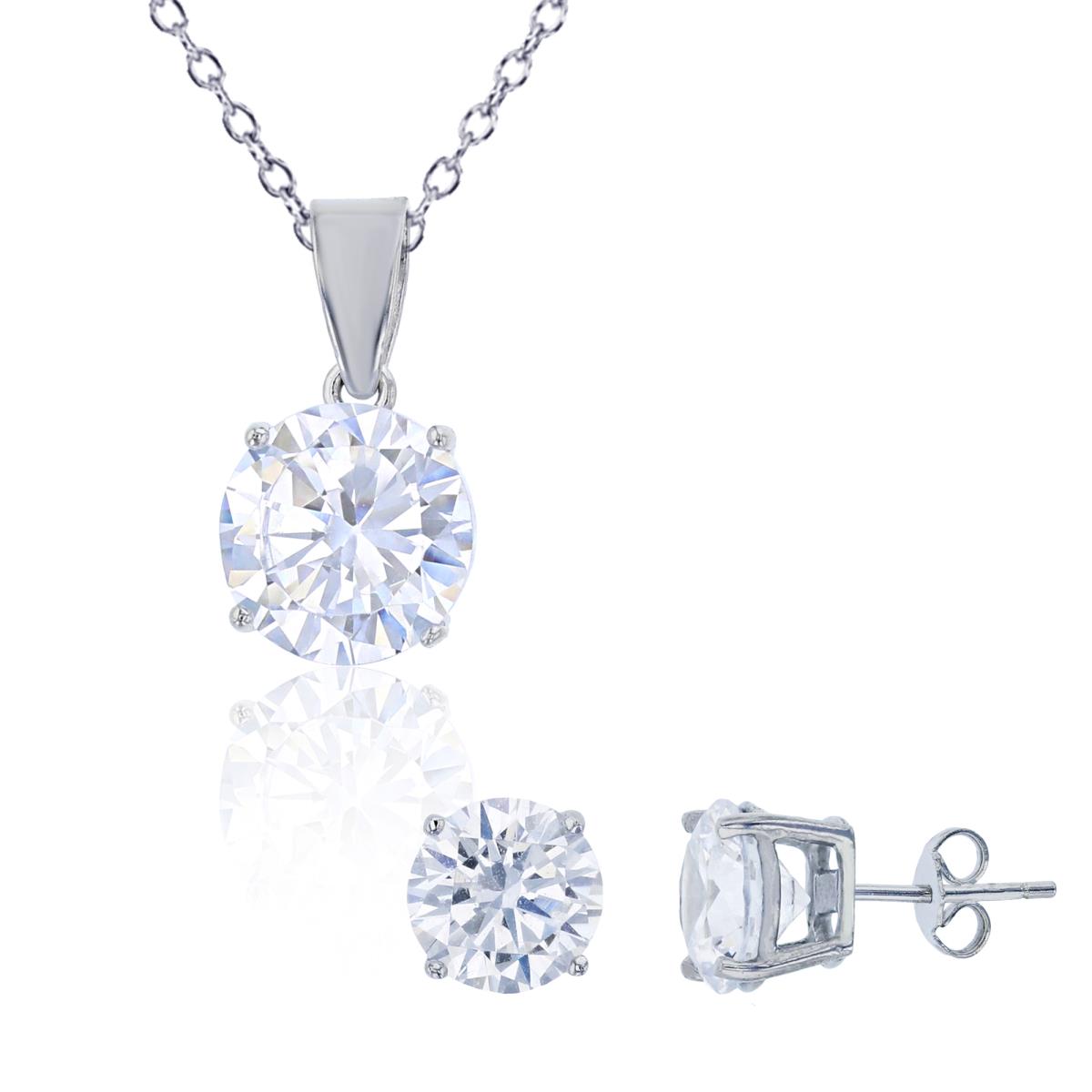 Sterling Silver Rhodium 8.00mm AAA Round Solitaire 18" Necklace & Earring Set