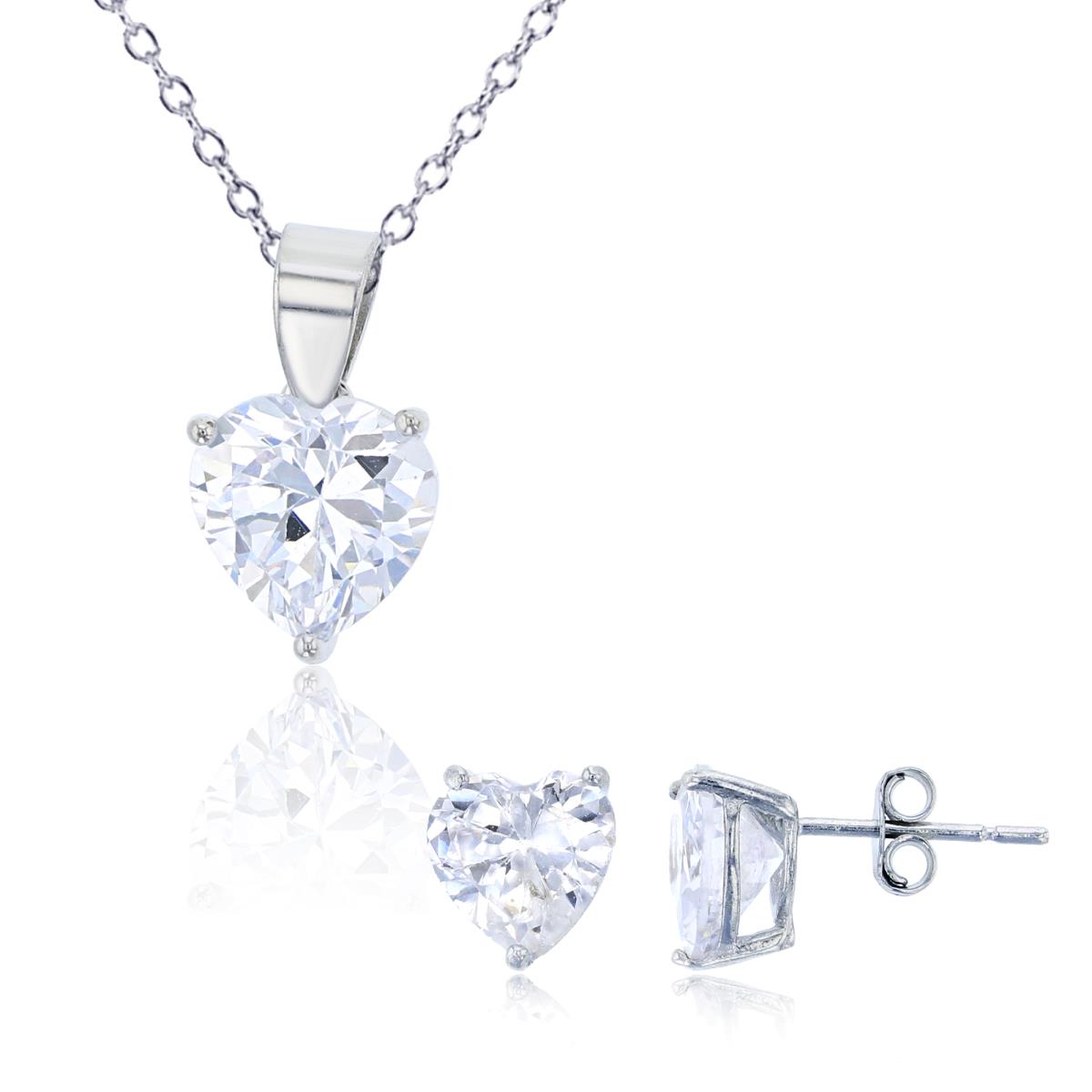 Sterling Silver Rhodium 8.00mm AAA Heart Solitaire 18" Necklace & Earring Set