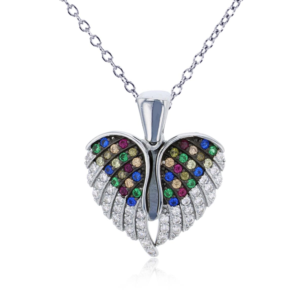 Sterling Silver Rhodium Rnd White & Multicolor CZ Micropave Movable Wings 18" Necklace