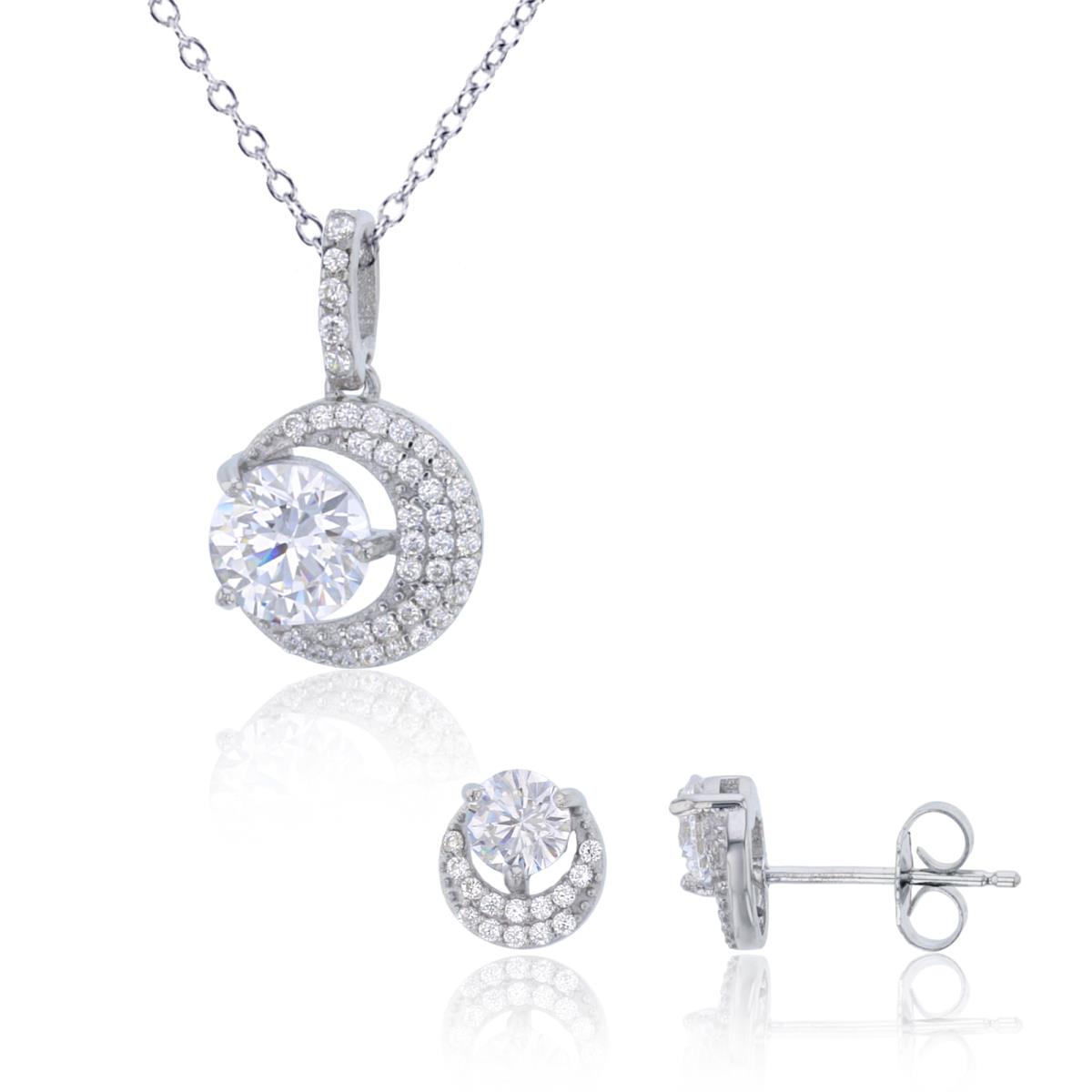 Sterling Silver Rhodium Rnd White CZ in Moon 18" Necklace & Earring Set