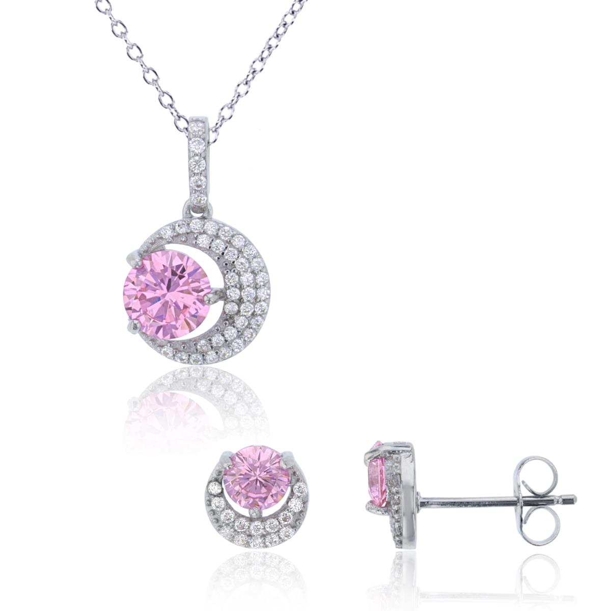 Sterling Silver Rhodium Rnd Pink/White CZ in Moon 18" Necklace & Earring Set