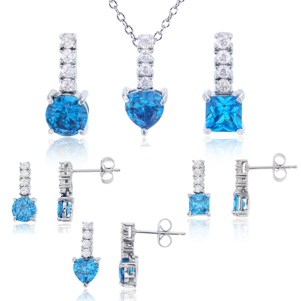 Sterling Silver Rhodium Square, Round & Heart Dark Blue CZ Drop Set Of 3 Pendants in a 18" Chain & Earring Set