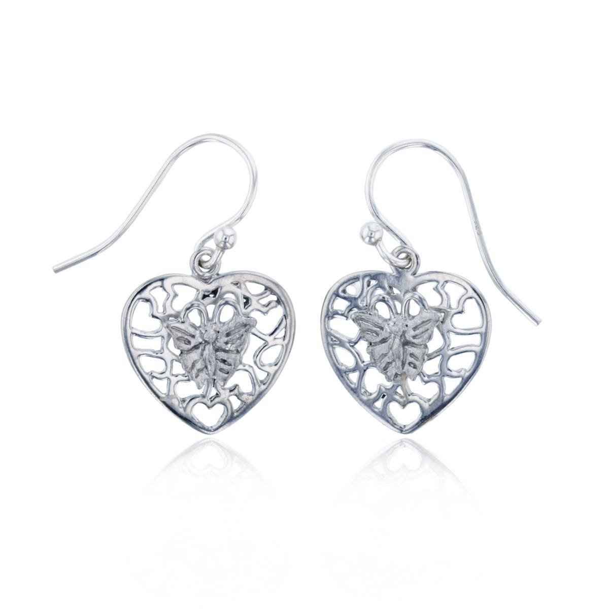 Sterling Silver Rhodium Polished & Textured Butterfly on Heart Earring