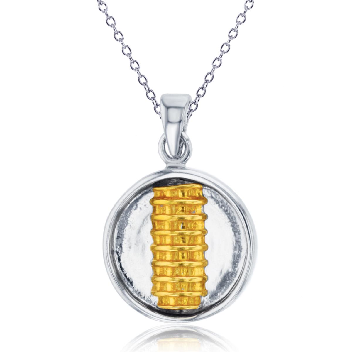 Sterling Silver Two-Tone Polished & Textured Leaning Tower of Pisa on Circle 18"Necklace