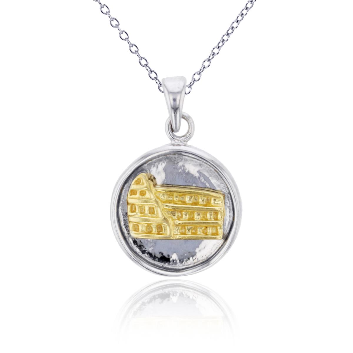 Sterling Silver Two-Tone Polished & Textured Colosseum Rome on Circle 18"Necklace