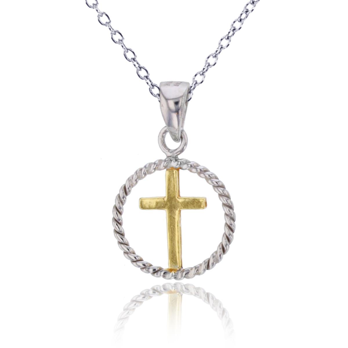 Sterling Silver Two-Tone Polished & Textured Cross in Open Circle18"Necklace