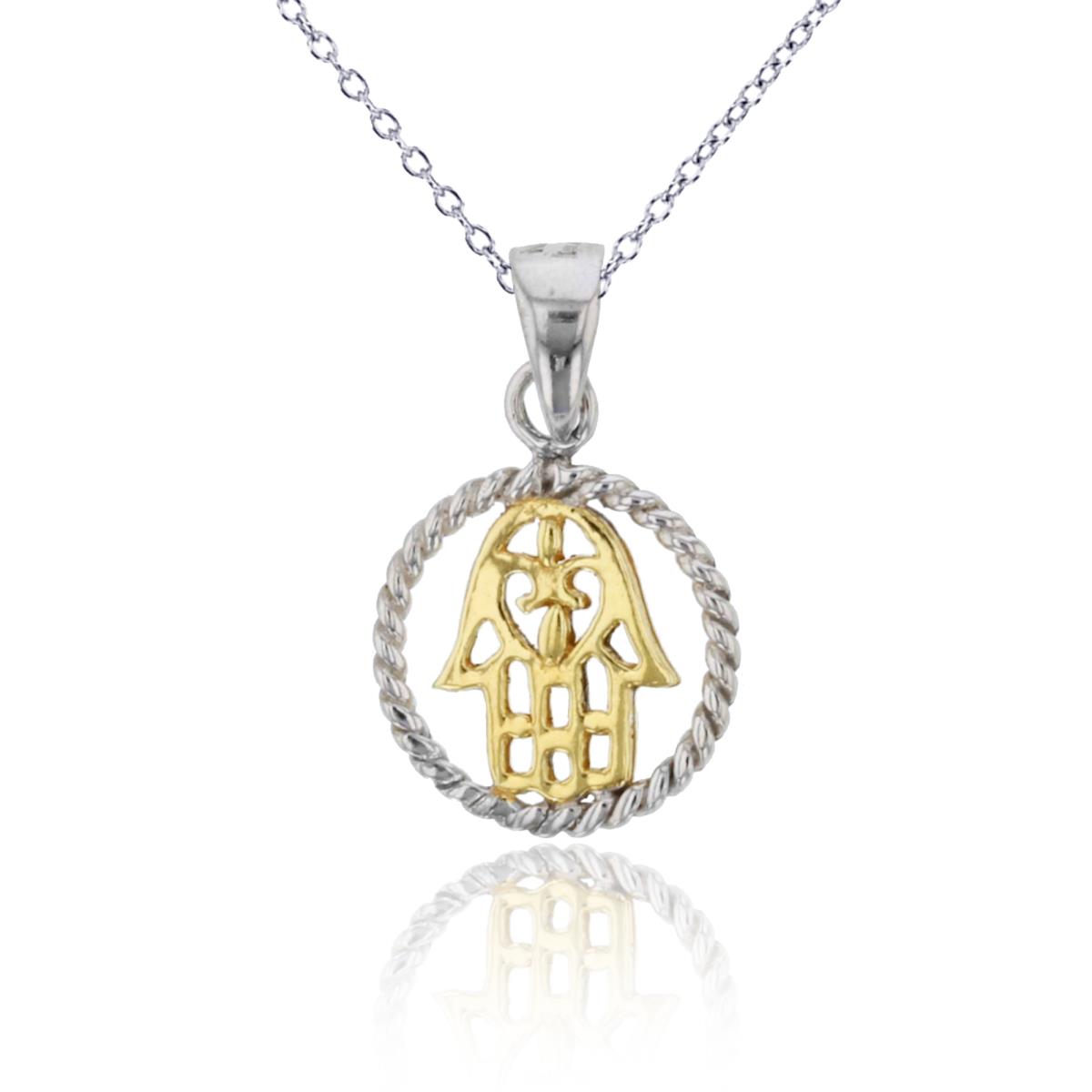 Sterling Silver Two-Tone Polished & Textured Hamsa in Open Circle 18"Necklace