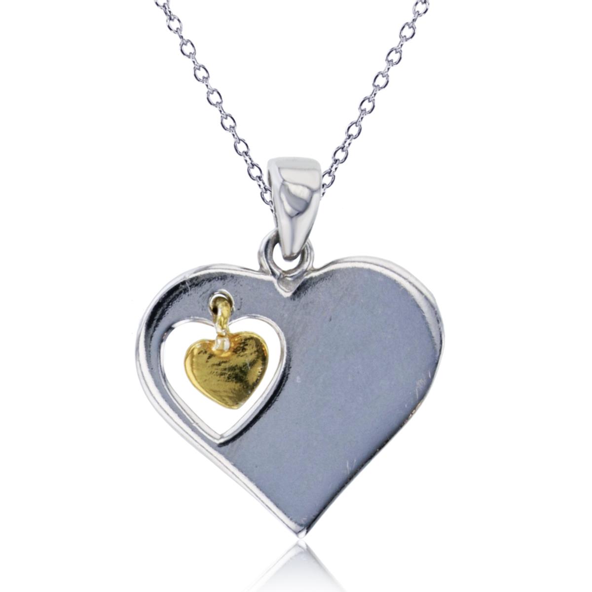 Sterling Silver Two-Tone Polished Heart with Dangling Small Heart 18"Necklace