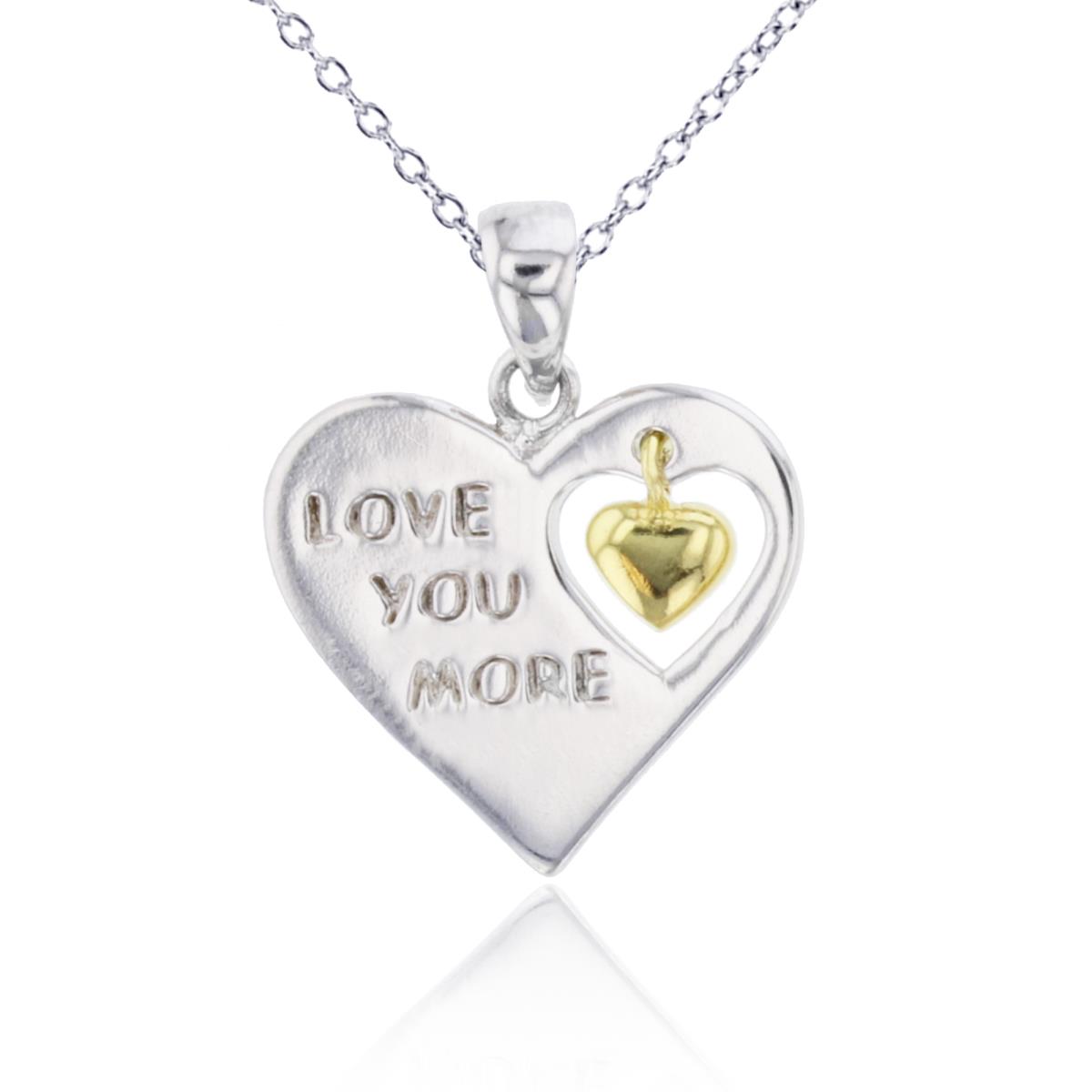 Sterling Silver Two-Tone "I Love You"Polished Heart with Dangling Small Heart 18"Necklace