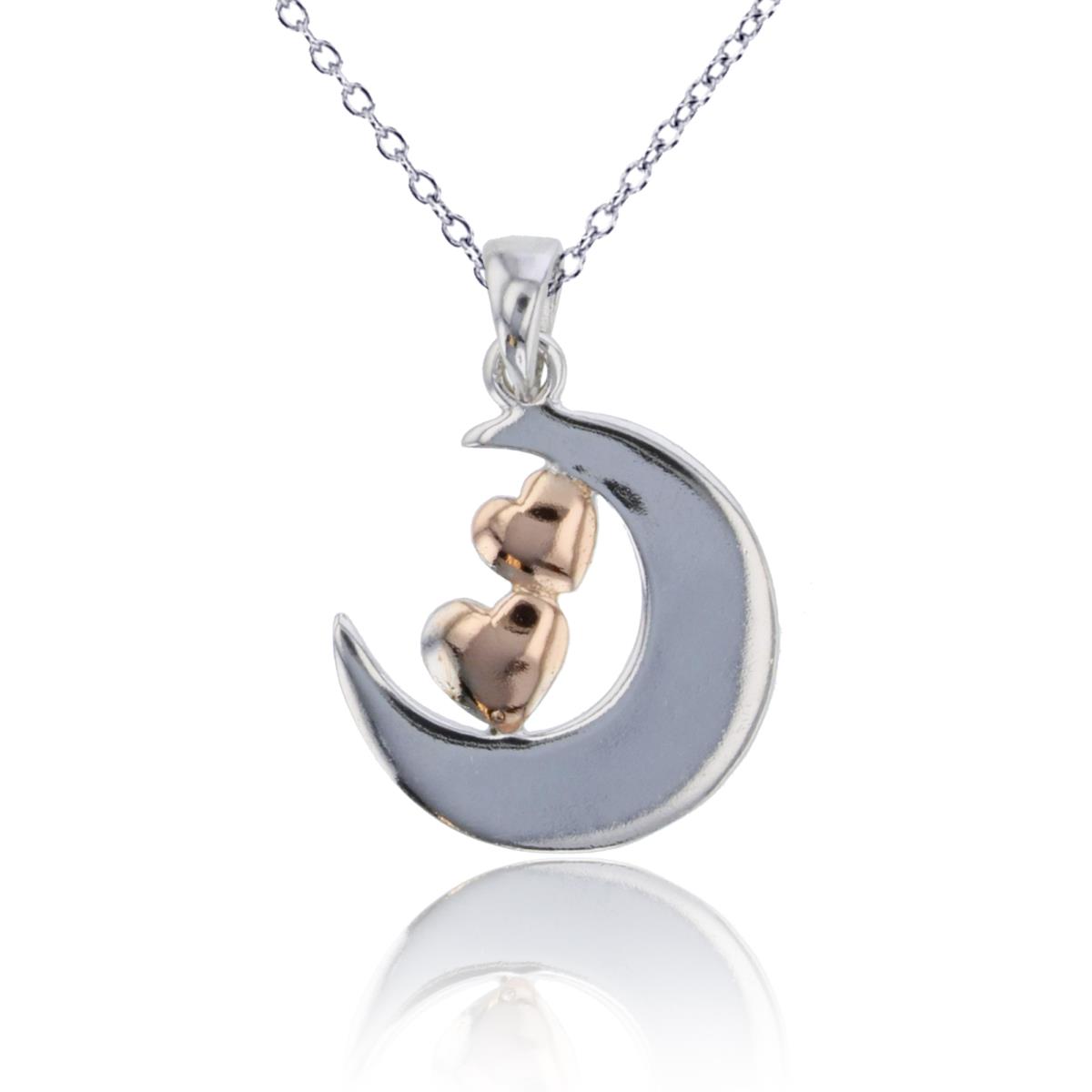 Sterling Silver Two-Tone Polished Moon with Double Small Hearts 18"Necklace