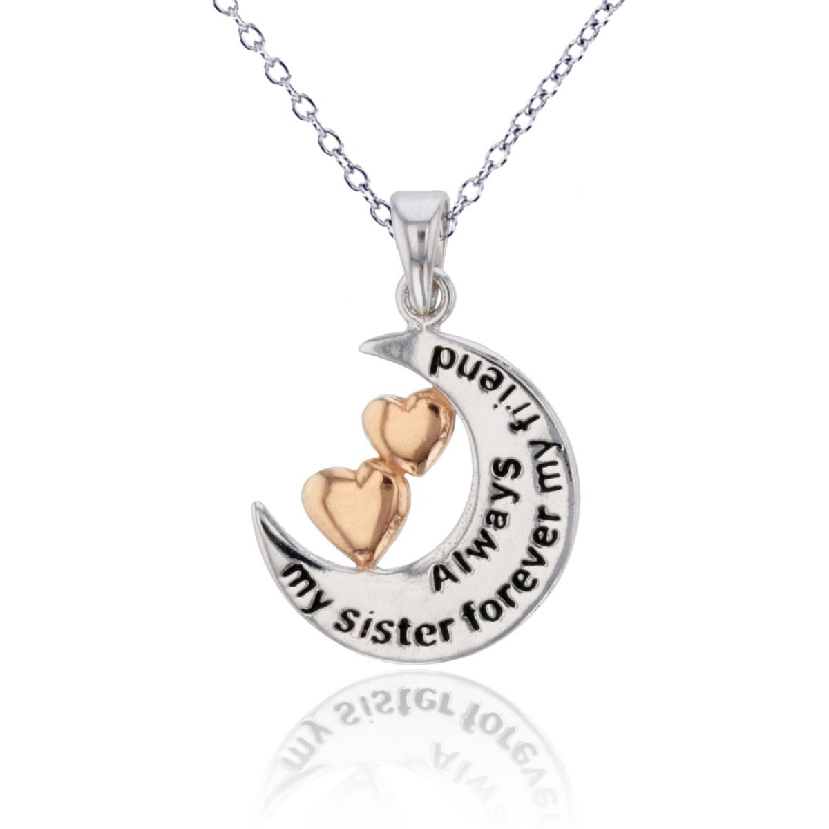 Sterling Silver Two-Tone Moon with Double Hearts"Always My Sister" 18"Necklace