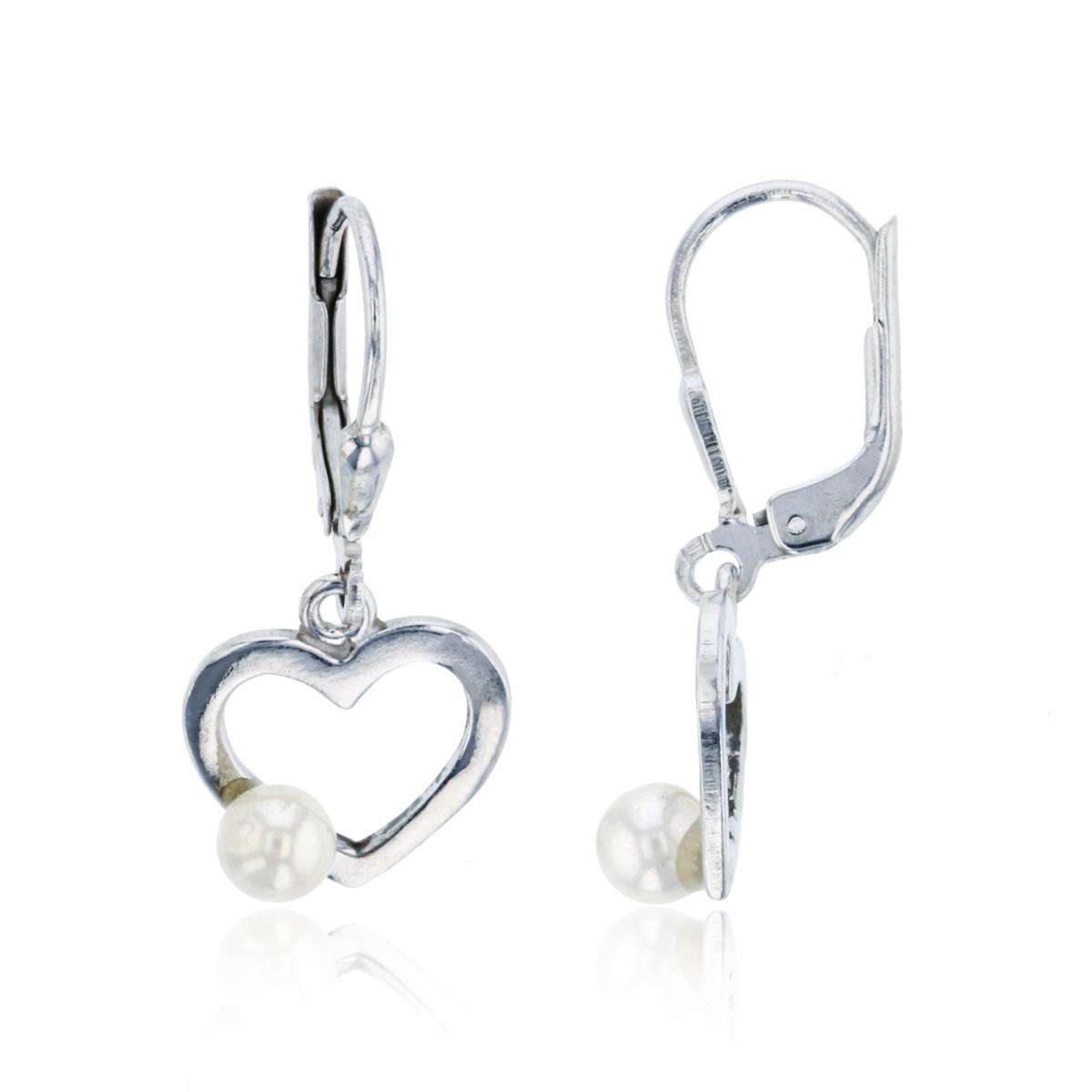 Sterling Silver Rhodium 5mm White Fresh Pearl Open Polished Heart Earring